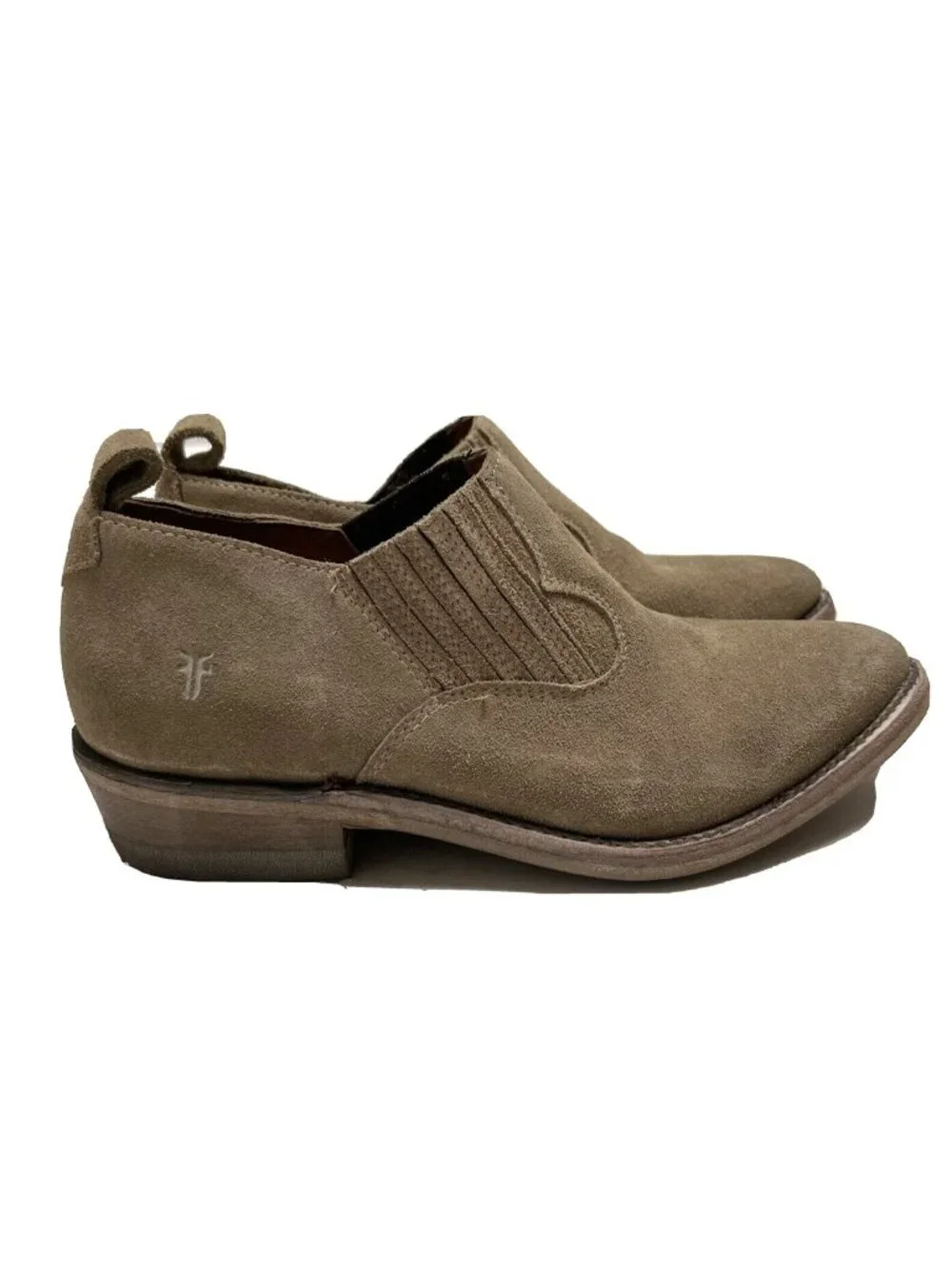 Frye Billy Shootie Tan Taupe Suede Ankle Boots Booties Slip On Womens Size 5.5